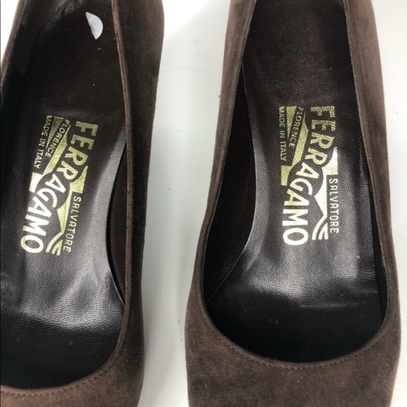 Salvatore Ferragamo Brown Suede Tortoise Heels 6 - Picture 3 of 8